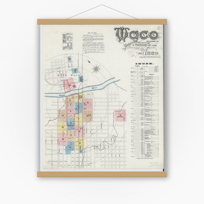Old map wall art mockup — magnetic wood frame on white wall — Sanborn Fire Insurance Map from Waco, McLennan County, Texas (1889), Sheet #0001