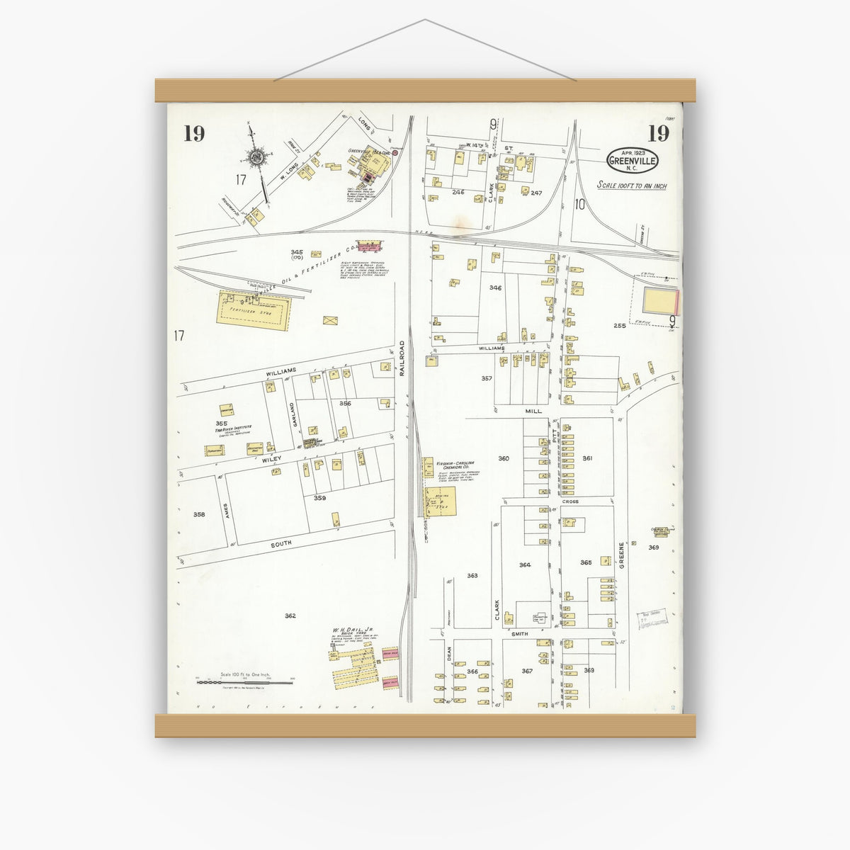 Old map wall art mockup — magnetic wood frame on white wall — Sanborn Fire Insurance Map from Greenville, Pitt County, North Carolina (1923), Sheet #0019