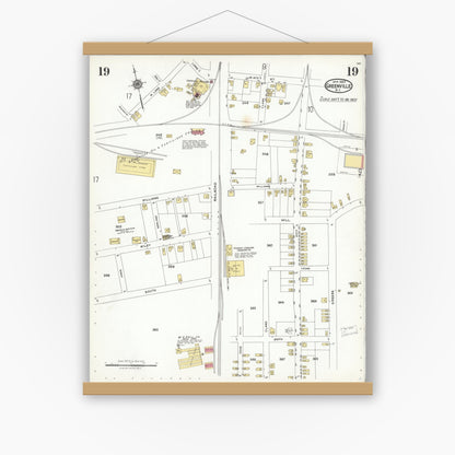 Old map wall art mockup — magnetic wood frame on white wall — Sanborn Fire Insurance Map from Greenville, Pitt County, North Carolina (1923), Sheet #0019