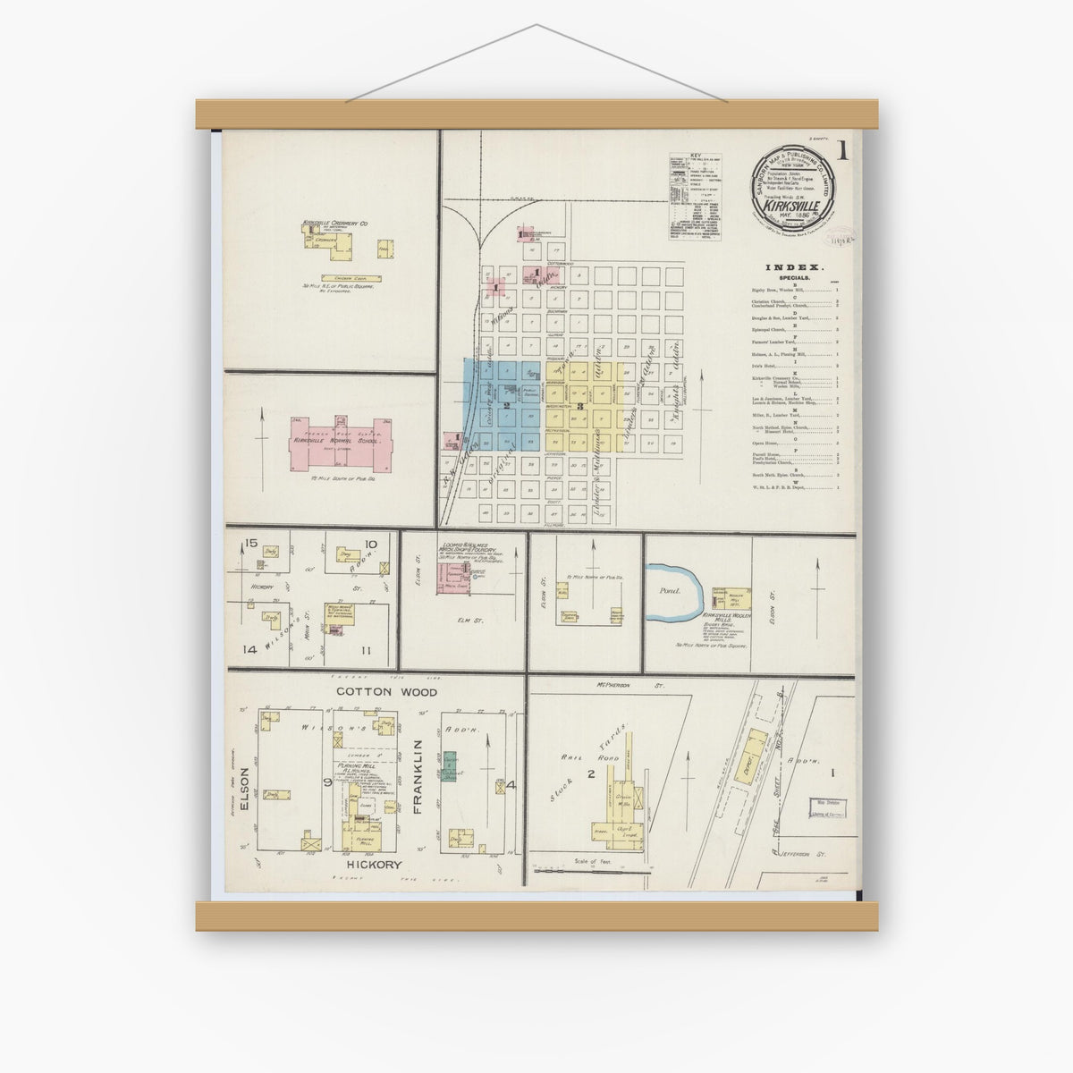 Old map wall art mockup — magnetic wood frame on white wall — Sanborn Fire Insurance Map from Kirksville, Adair County, Missouri (1886) - Complete Map Set
