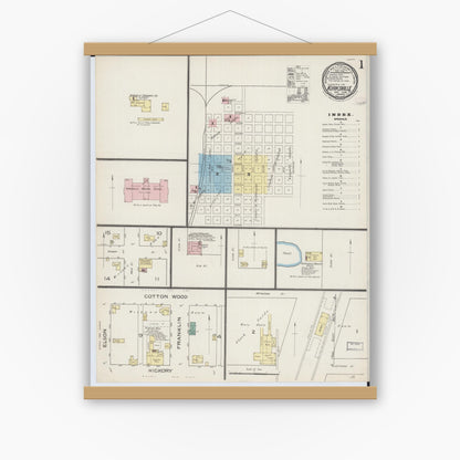 Old map wall art mockup — magnetic wood frame on white wall — Sanborn Fire Insurance Map from Kirksville, Adair County, Missouri (1886) - Complete Map Set