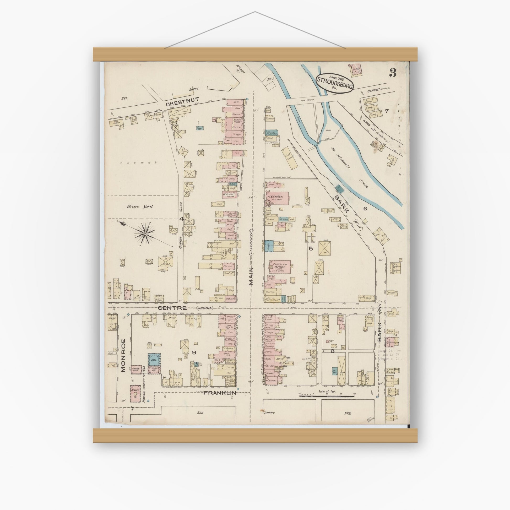 Old map wall art mockup — magnetic wood frame on white wall — Sanborn Fire Insurance Map from Stroudsburg, Monroe County, Pennsylvania (1885), Sheet #0003
