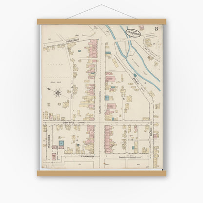 Old map wall art mockup — magnetic wood frame on white wall — Sanborn Fire Insurance Map from Stroudsburg, Monroe County, Pennsylvania (1885), Sheet #0003