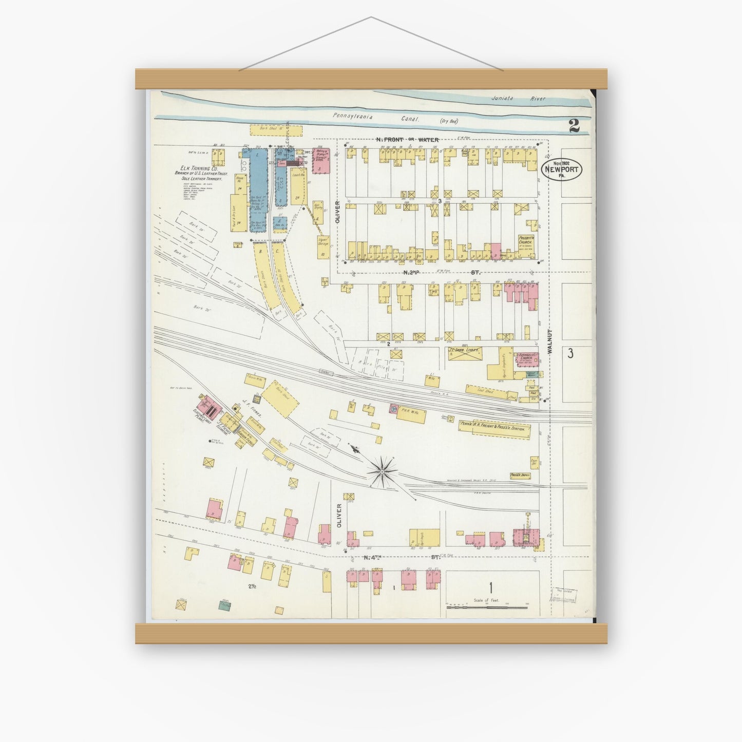 Old map wall art mockup — magnetic wood frame on white wall — Sanborn Fire Insurance Map from Newport, Perry County, Pennsylvania (1902), Sheet #0002