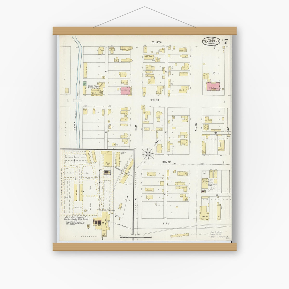 Old map wall art mockup — magnetic wood frame on white wall — Sanborn Fire Insurance Map from Texarkana, Bowie County, Texas (1896), Sheet #0007