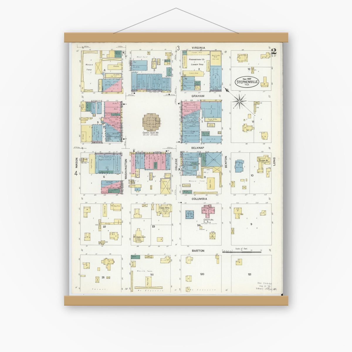 Old map wall art mockup — magnetic wood frame on white wall — Sanborn Fire Insurance Map from Stephenville, Erath County, Texas (1907), Sheet #0002