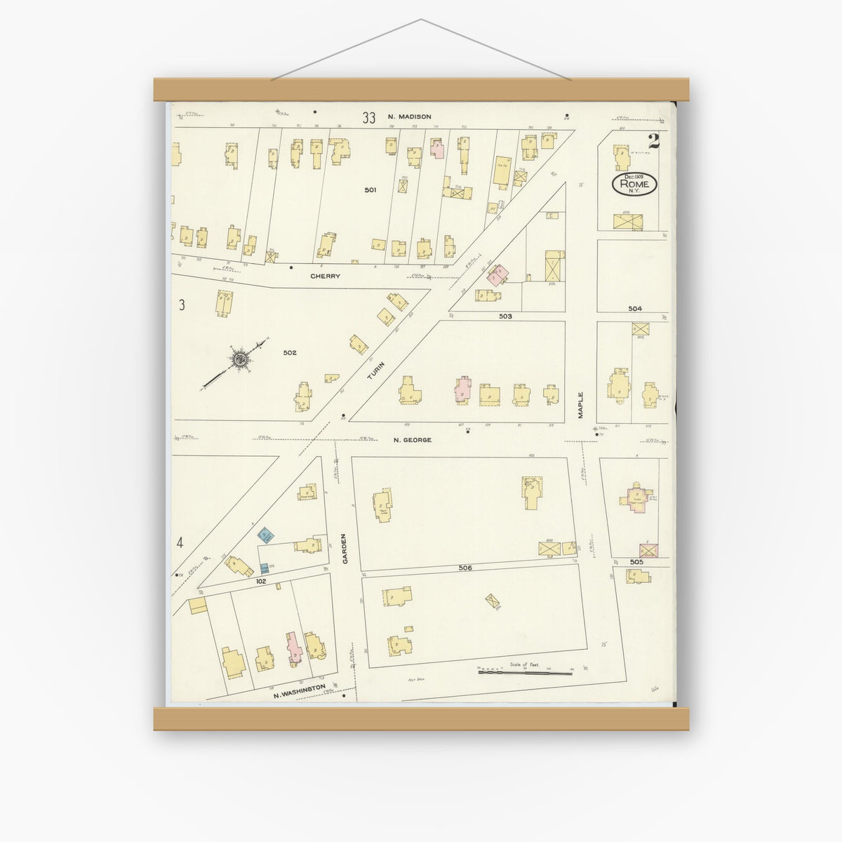Old map wall art mockup — magnetic wood frame on white wall — Sanborn Fire Insurance Map from Rome, Oneida County, New York (1909), Sheet #0002