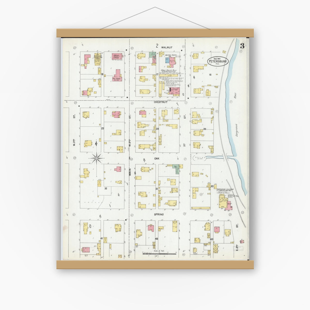 Old map wall art mockup — magnetic wood frame on white wall — Sanborn Fire Insurance Map from Petersburg, Menard County, Illinois (1901), Sheet #0003