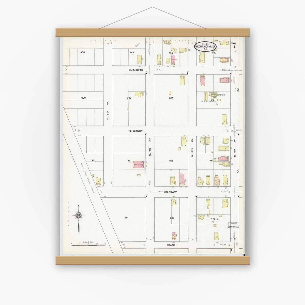 Old map wall art mockup — magnetic wood frame on white wall — Sanborn Fire Insurance Map from Mechanicville, Saratoga County, New York (1911), Sheet #0007