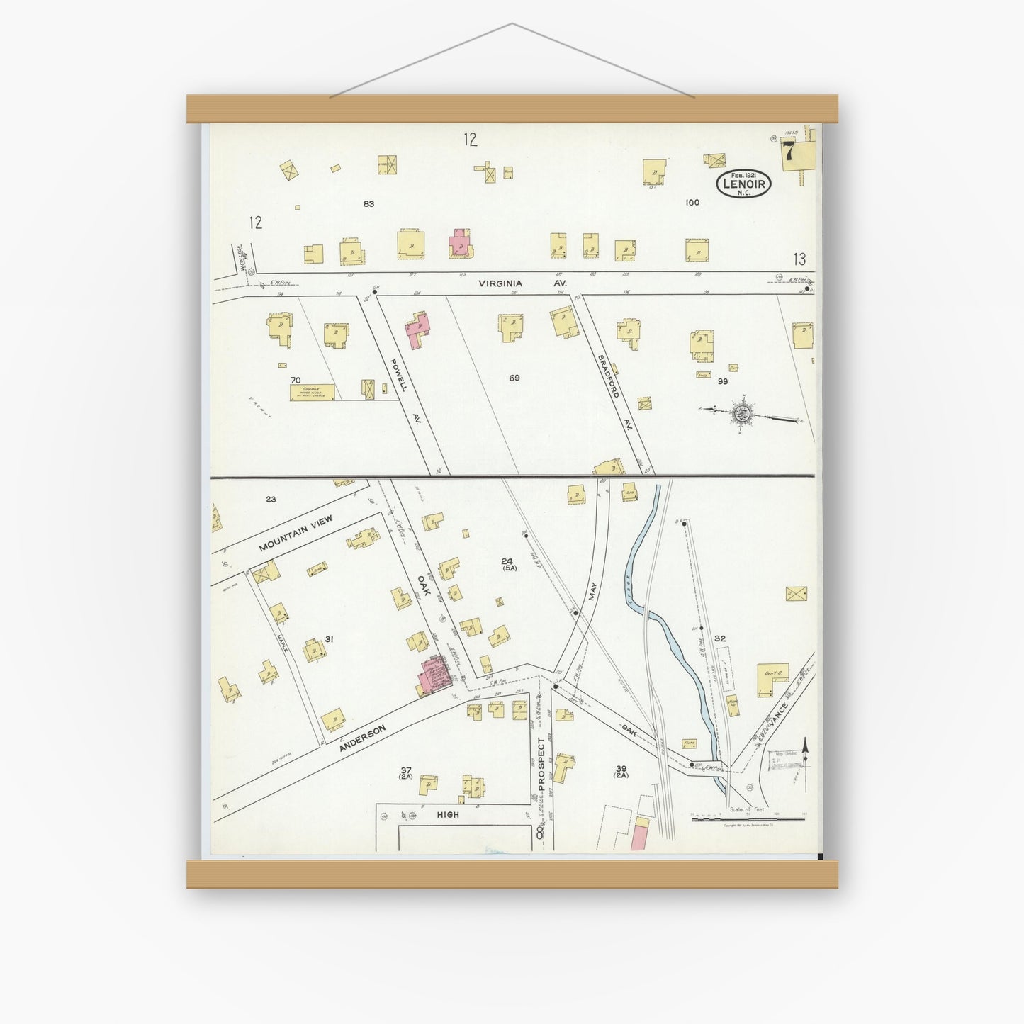 Old map wall art mockup — magnetic wood frame on white wall — Sanborn Fire Insurance Map from Lenoir, Caldwell County, North Carolina (1921), Sheet #0007