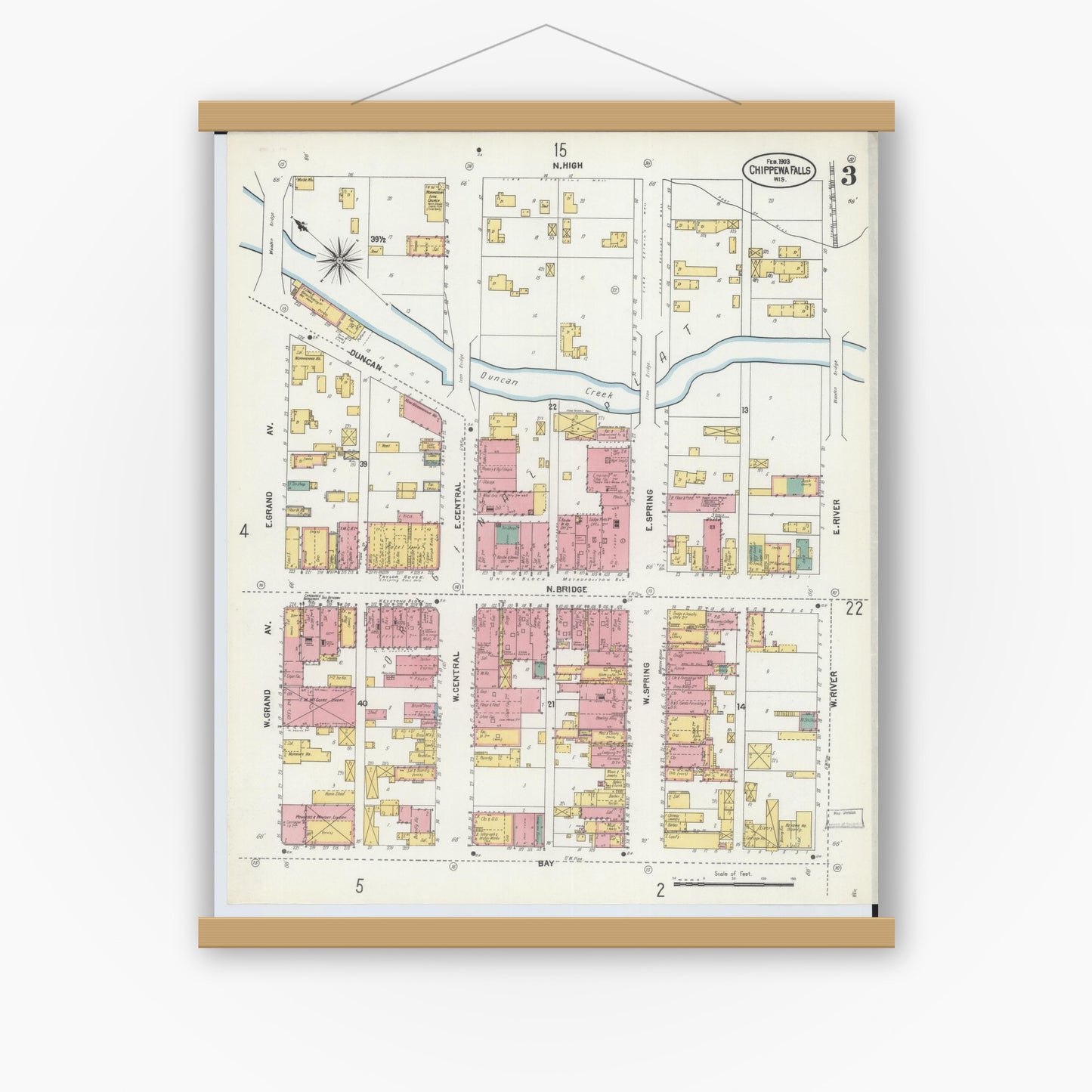 Old map wall art mockup — magnetic wood frame on white wall — Sanborn Fire Insurance Map from Chippewa Falls, Chippewa County, Wisconsin (1903), Sheet #0003
