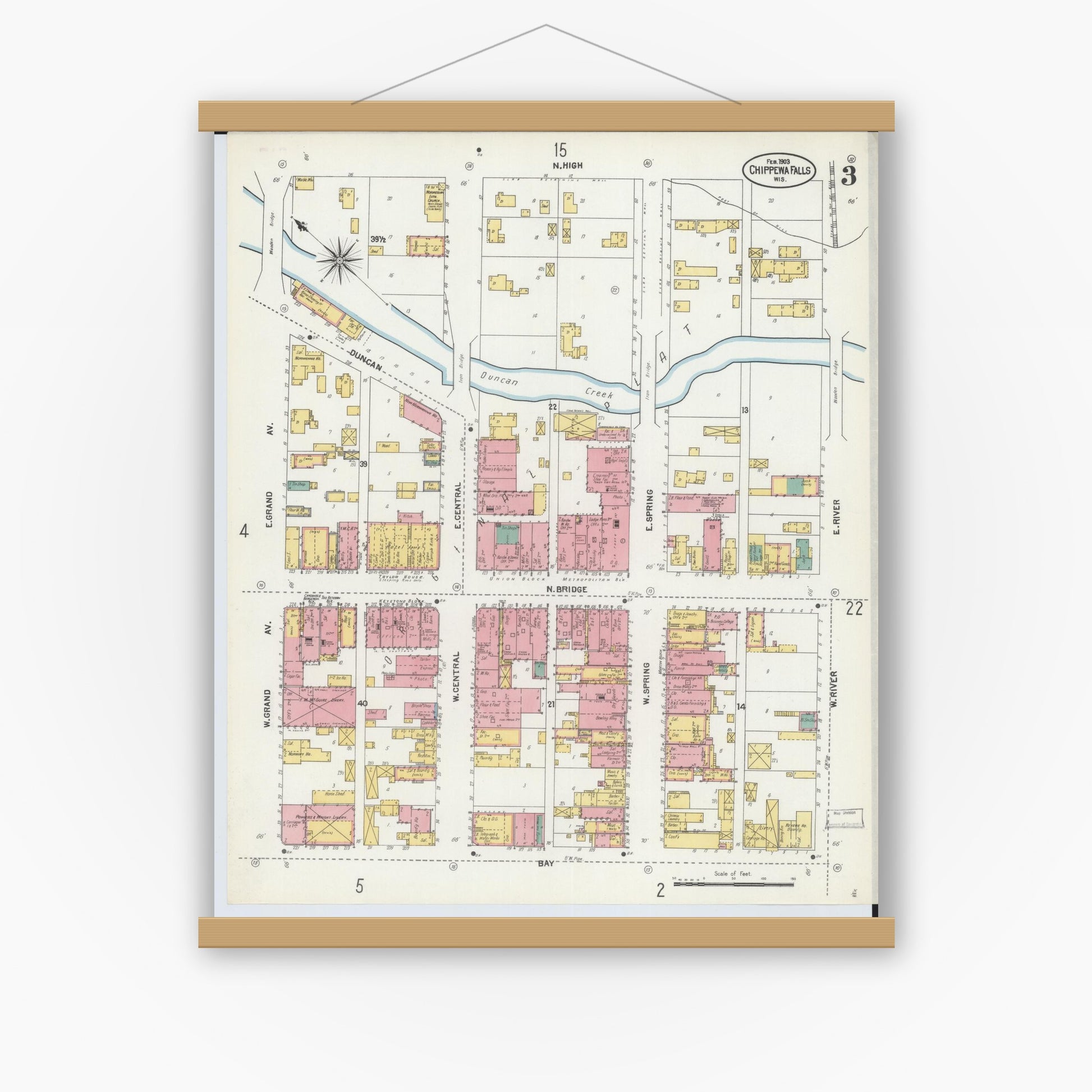 Old map wall art mockup — magnetic wood frame on white wall — Sanborn Fire Insurance Map from Chippewa Falls, Chippewa County, Wisconsin (1903), Sheet #0003