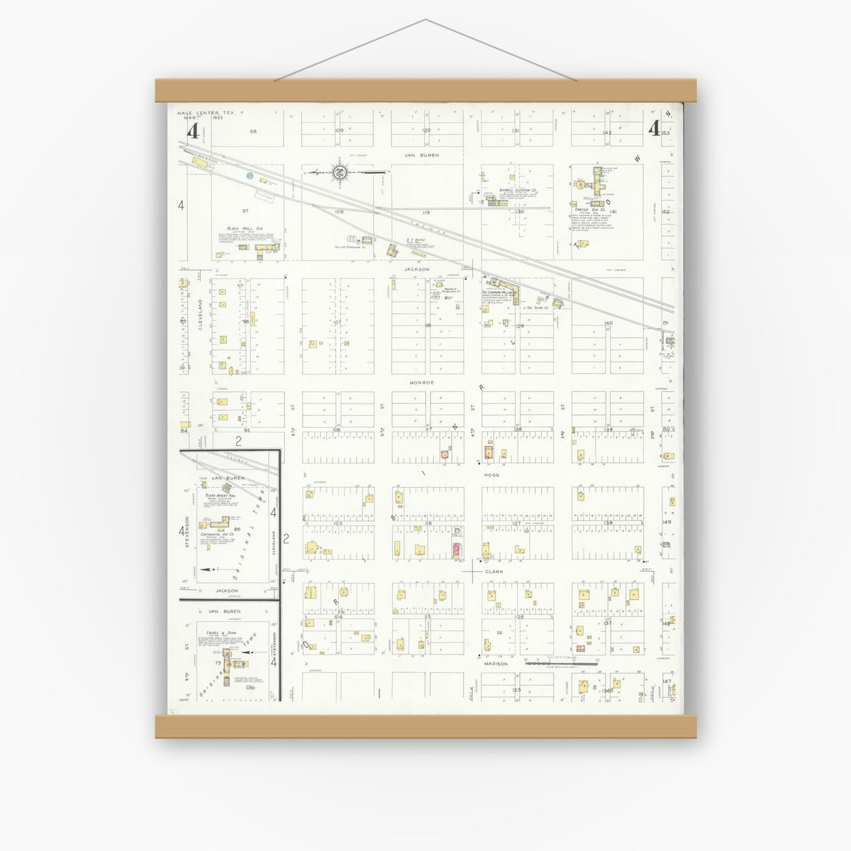 Old map wall art mockup — magnetic wood frame on white wall — Sanborn Fire Insurance Map from Hale Center, Hale County, Texas (1933), Sheet #0004