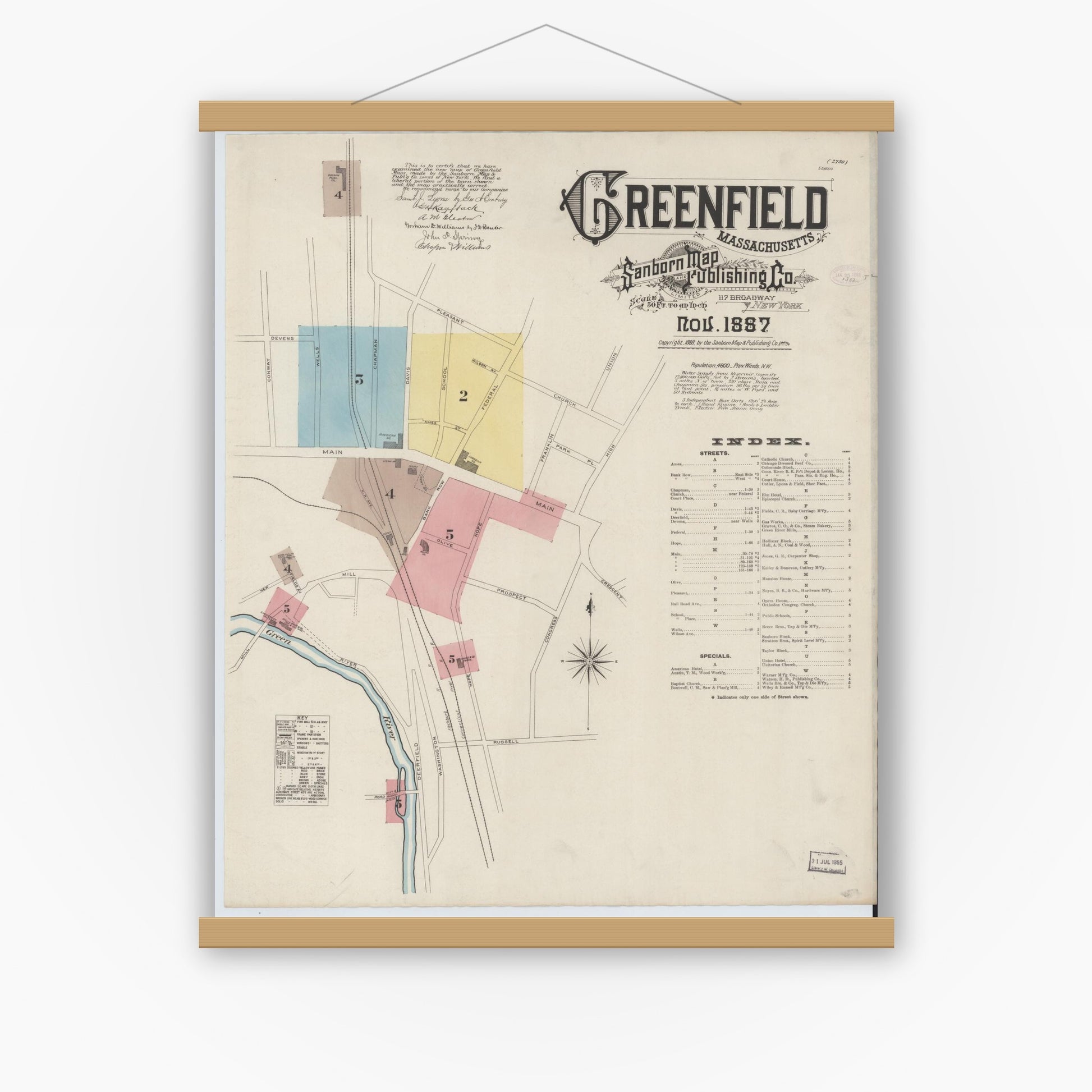 Old map wall art mockup — magnetic wood frame on white wall — Sanborn Fire Insurance Map from Greenfield, Franklin County, Massachusetts (1887), Sheet #0001