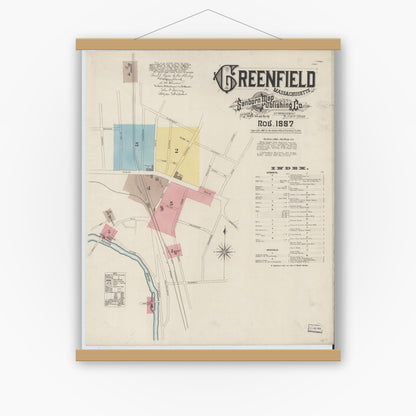 Old map wall art mockup — magnetic wood frame on white wall — Sanborn Fire Insurance Map from Greenfield, Franklin County, Massachusetts (1887), Sheet #0001