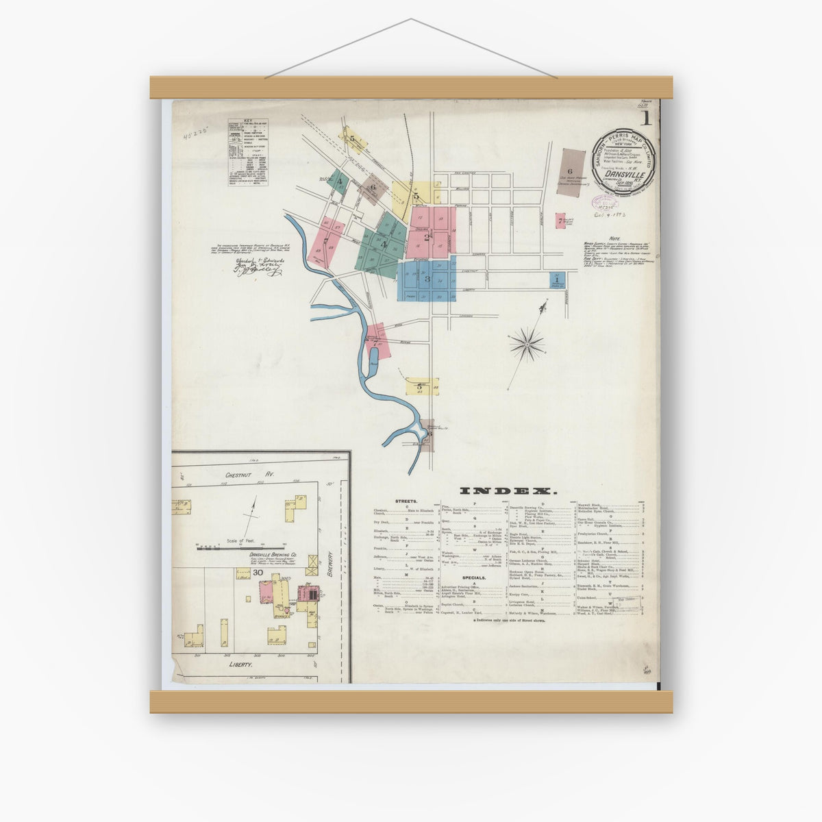 Old map wall art mockup — magnetic wood frame on white wall — Sanborn Fire Insurance Map from Dansville, Livingston County, New York (1893) - Complete Map Set