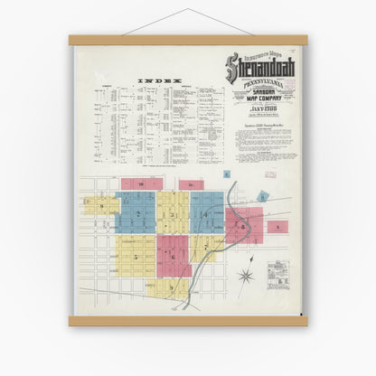 Old map wall art mockup — magnetic wood frame on white wall — Sanborn Fire Insurance Map from Shenandoah, Schuylkill County, Pennsylvania (1908), Sheet #0001