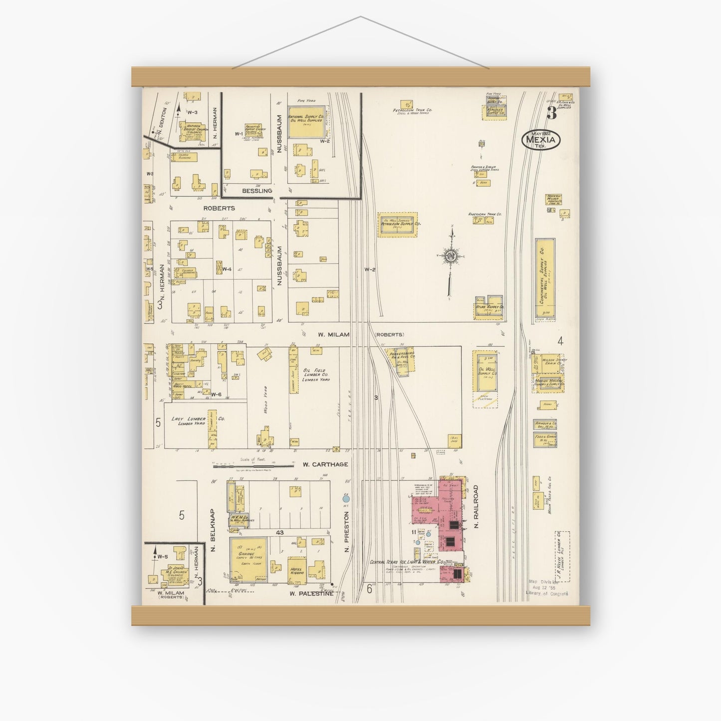 Old map wall art mockup — magnetic wood frame on white wall — Sanborn Fire Insurance Map from Mexia, Limestone County, Texas (1922), Sheet #0003