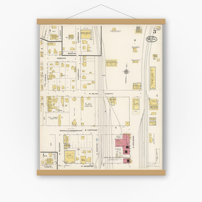 Old map wall art mockup — magnetic wood frame on white wall — Sanborn Fire Insurance Map from Mexia, Limestone County, Texas (1922), Sheet #0003