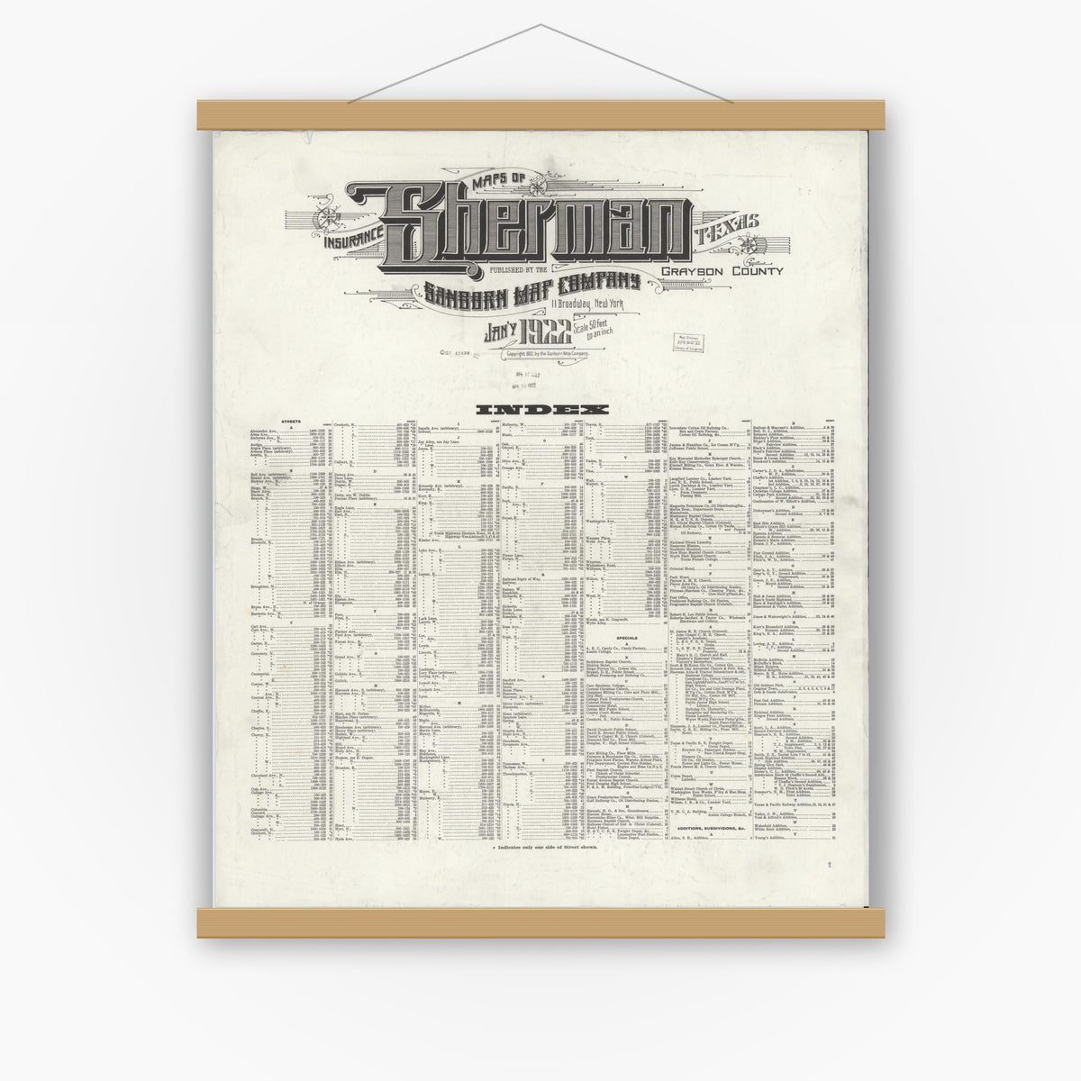 Old map wall art mockup — magnetic wood frame on white wall — Sanborn Fire Insurance Map from Sherman, Grayson County, Texas (1922), Sheet #0001