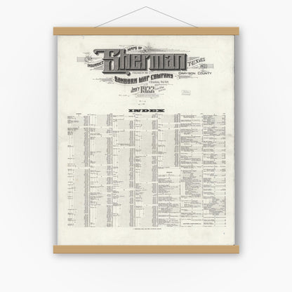 Old map wall art mockup — magnetic wood frame on white wall — Sanborn Fire Insurance Map from Sherman, Grayson County, Texas (1922), Sheet #0001