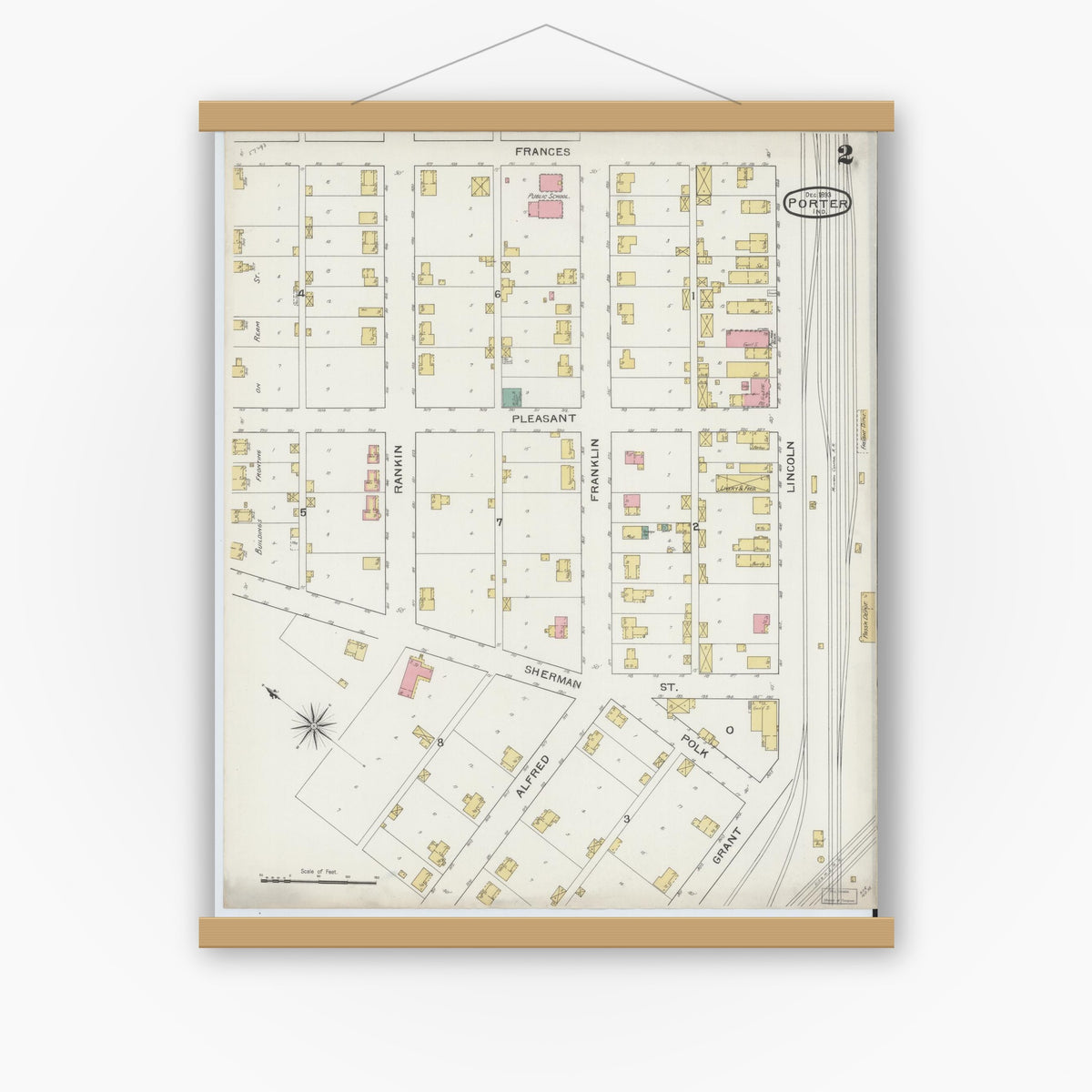 Old map wall art mockup — magnetic wood frame on white wall — Sanborn Fire Insurance Map from Porter, Porter County, Indiana (1893), Sheet #0002