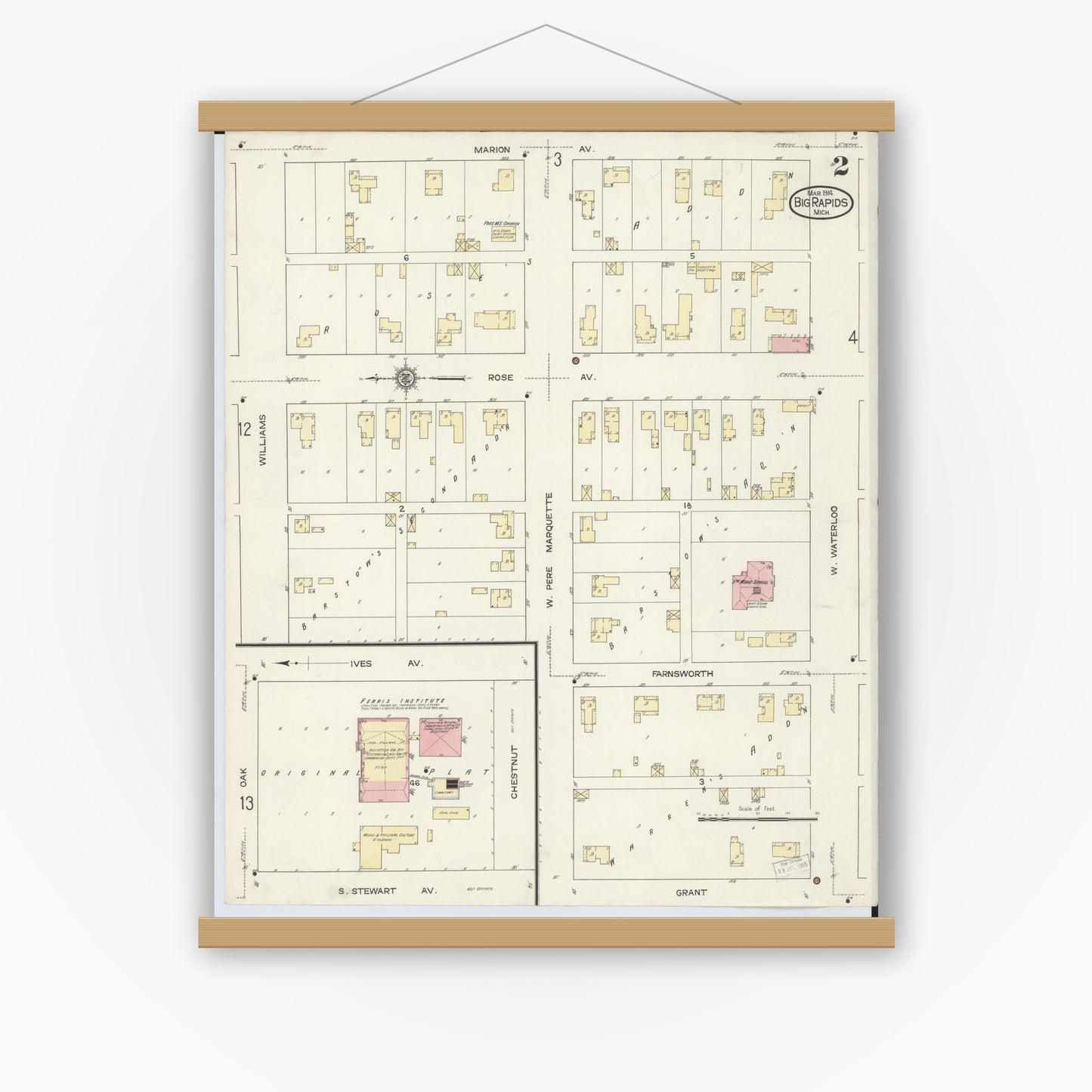 Old map wall art mockup — magnetic wood frame on white wall — Sanborn Fire Insurance Map from Big Rapids, Mecosta County, Michigan (1914), Sheet #0002