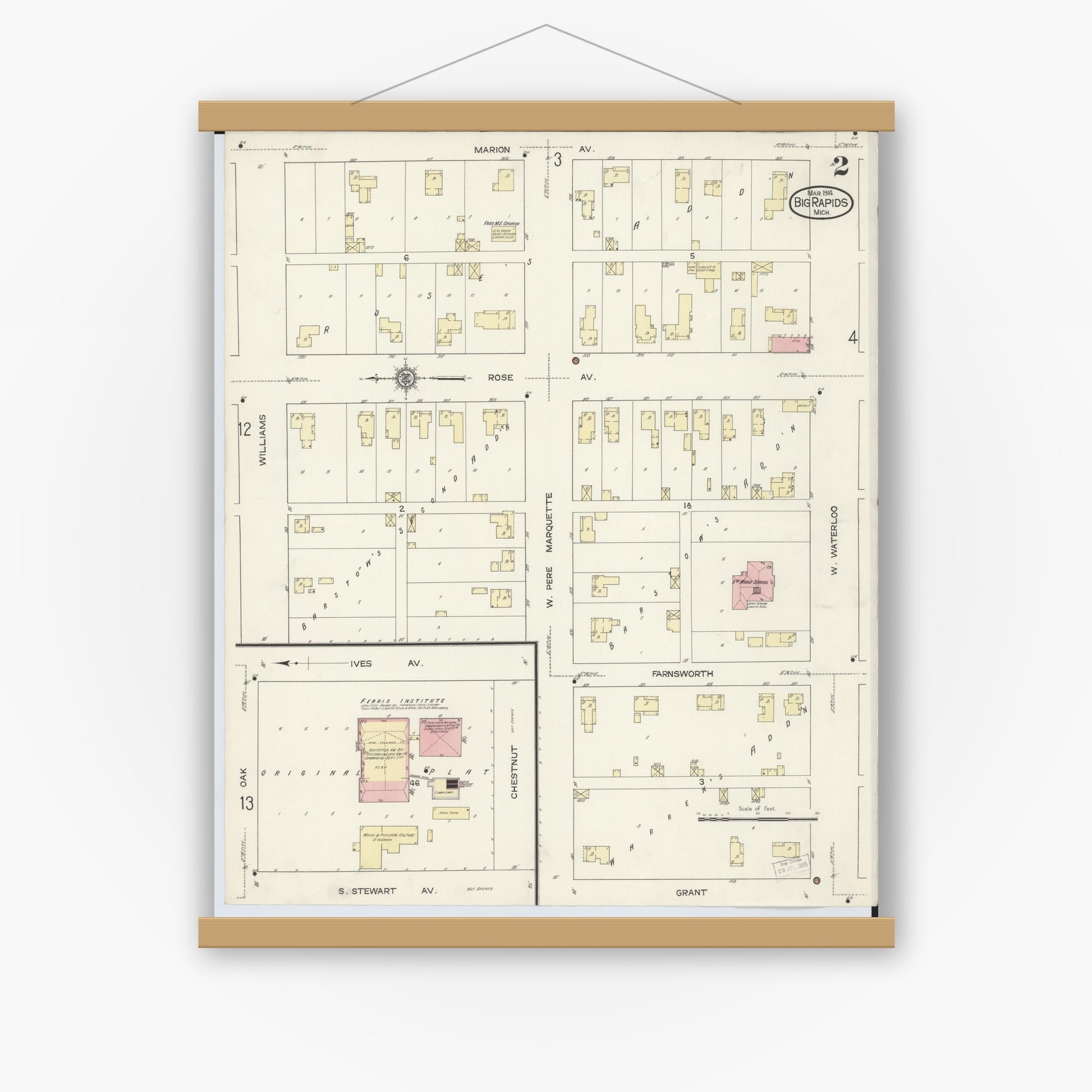 Old map wall art mockup — magnetic wood frame on white wall — Sanborn Fire Insurance Map from Big Rapids, Mecosta County, Michigan (1914), Sheet #0002