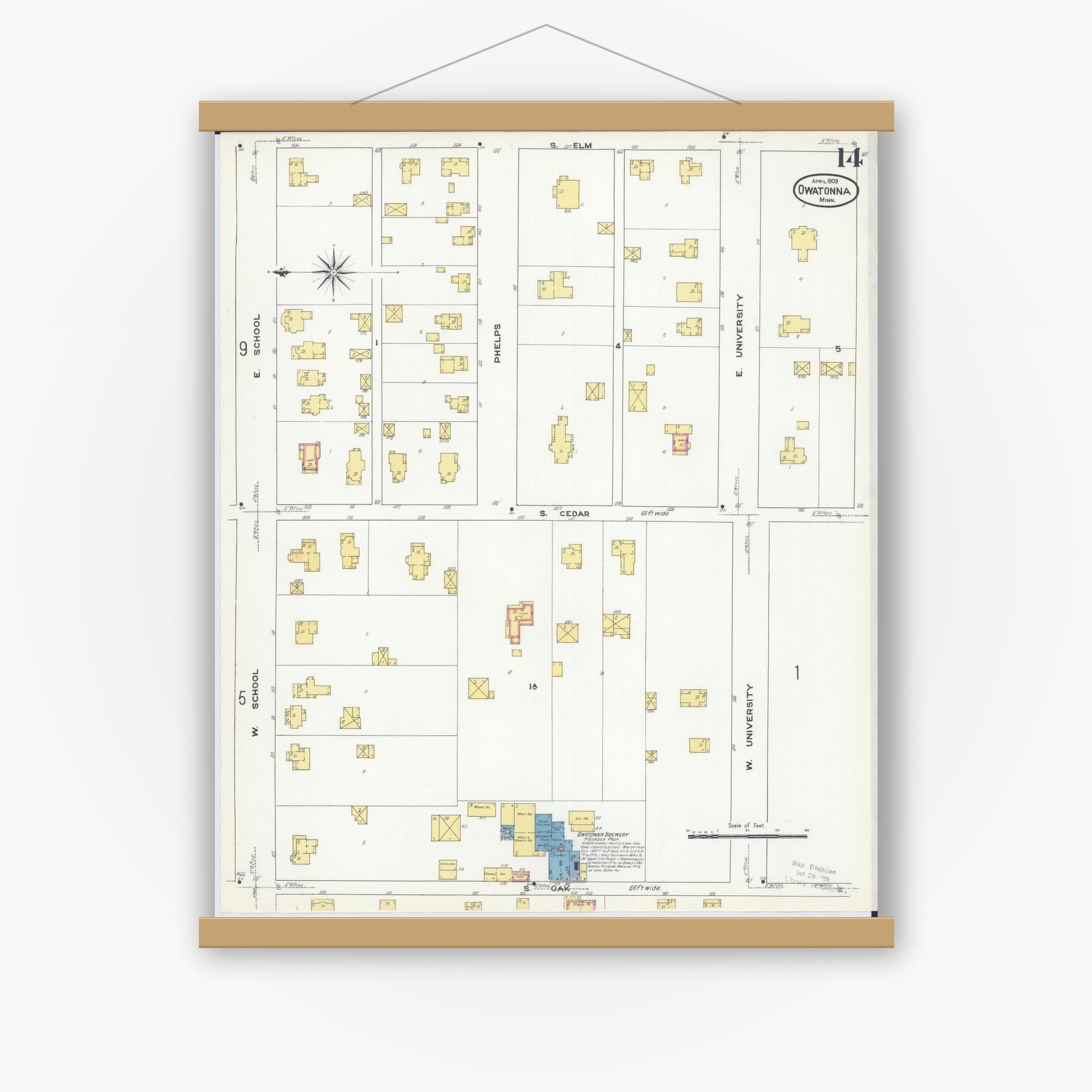 Old map wall art mockup — magnetic wood frame on white wall — Sanborn Fire Insurance Map from Owatonna, Steele County, Minnesota (1909), Sheet #0014