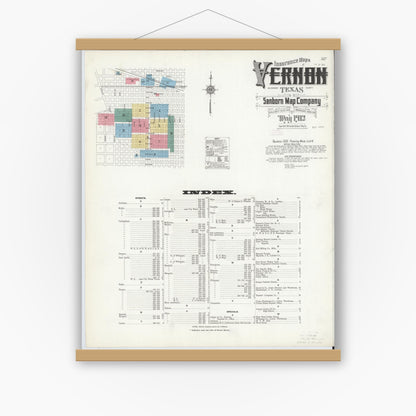 Old map wall art mockup — magnetic wood frame on white wall — Sanborn Fire Insurance Map from Vernon, Wilbarger County, Texas (1912) - Complete Map Set