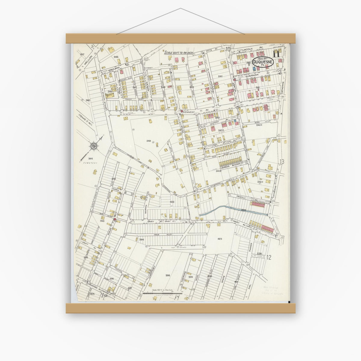 Old map wall art mockup — magnetic wood frame on white wall — Sanborn Fire Insurance Map from Duquesne, Allegheny County, Pennsylvania (1917), Sheet #0011