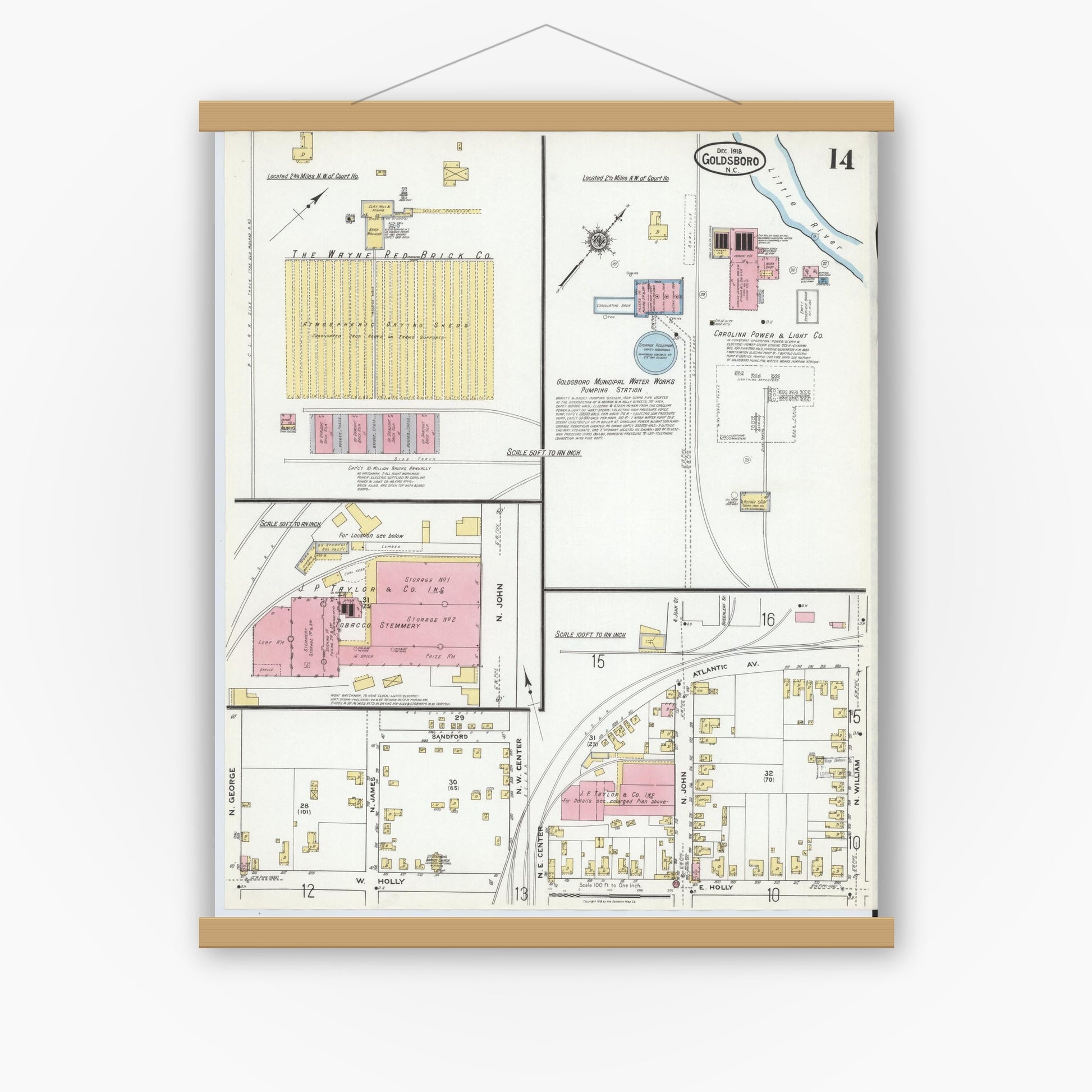 Old map wall art mockup — magnetic wood frame on white wall — Sanborn Fire Insurance Map from Goldsboro, Wayne County, North Carolina (1918), Sheet #0014