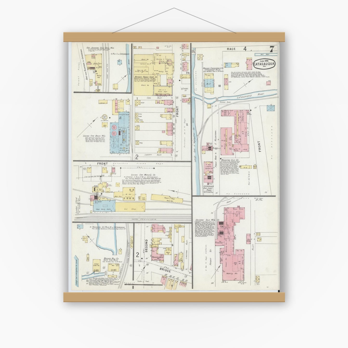 Old map wall art mockup — magnetic wood frame on white wall — Sanborn Fire Insurance Map from Catasauqua, Lehigh County, Pennsylvania (1896), Sheet #0007