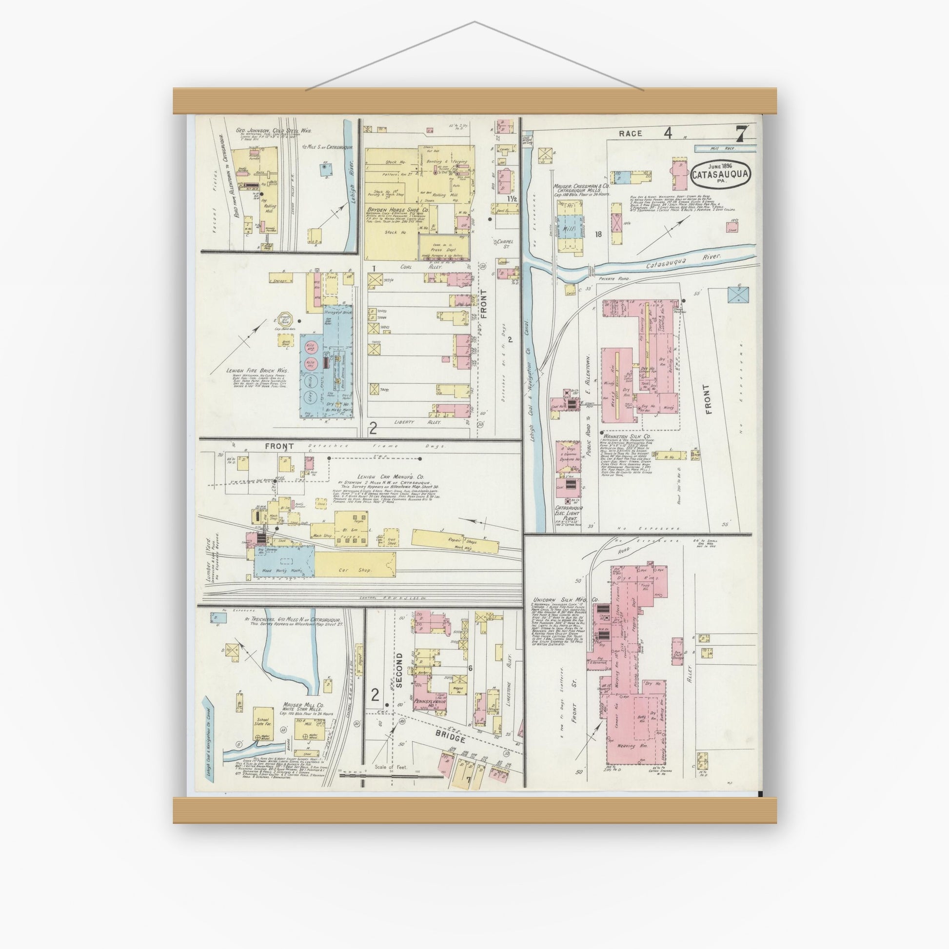 Old map wall art mockup — magnetic wood frame on white wall — Sanborn Fire Insurance Map from Catasauqua, Lehigh County, Pennsylvania (1896), Sheet #0007