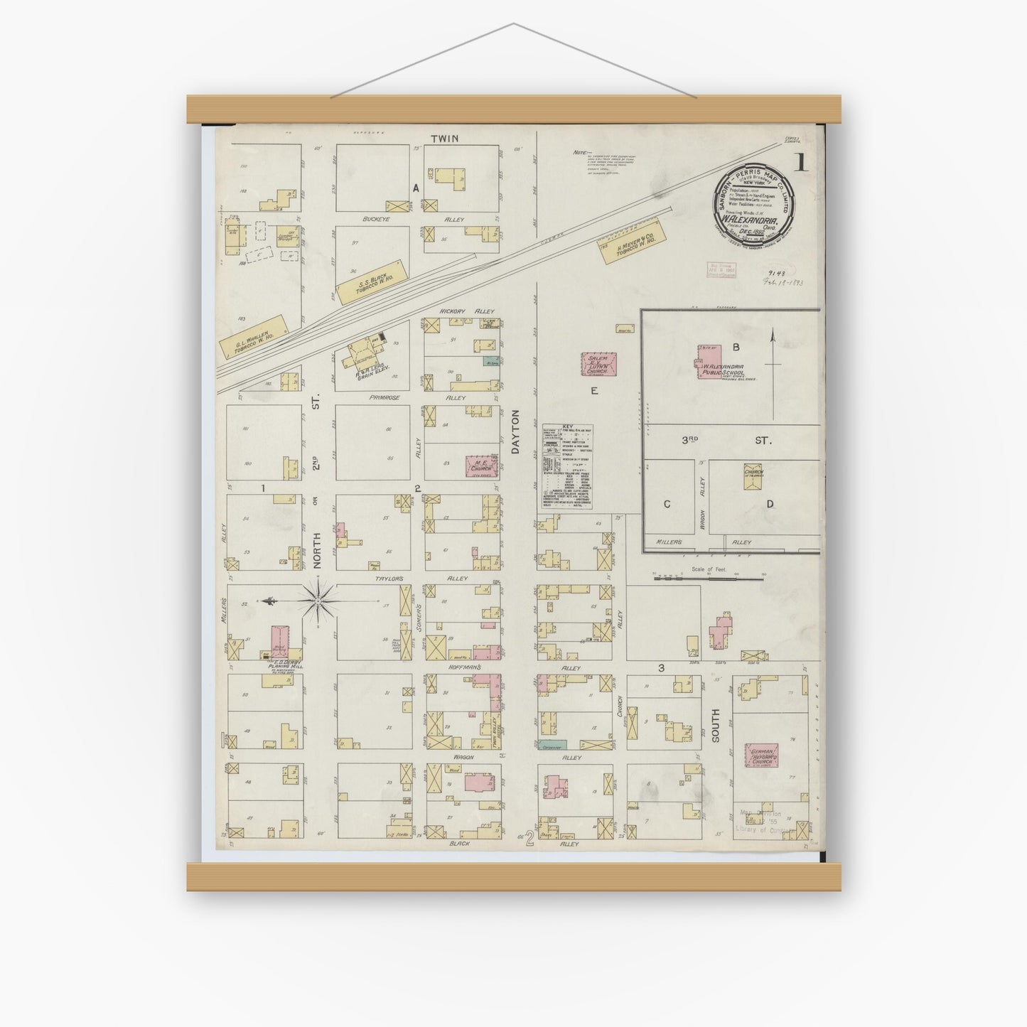 Old map wall art mockup — magnetic wood frame on white wall — Sanborn Fire Insurance Map from West Alexandria, Preble County, Ohio (1892), Sheet #0001