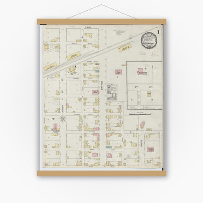 Old map wall art mockup — magnetic wood frame on white wall — Sanborn Fire Insurance Map from West Alexandria, Preble County, Ohio (1892), Sheet #0001