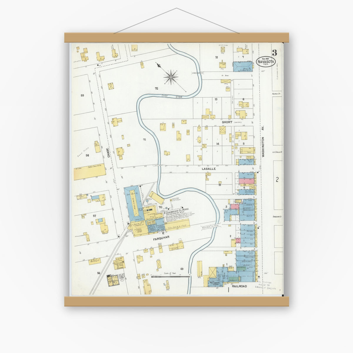 Old map wall art mockup — magnetic wood frame on white wall — Sanborn Fire Insurance Map from Navasota, Grimes County, Texas (1901), Sheet #0003