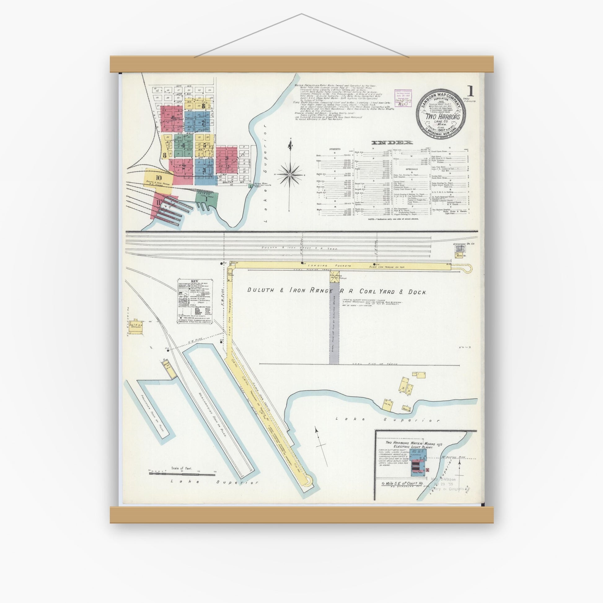 Old map wall art mockup — magnetic wood frame on white wall — Sanborn Fire Insurance Map from Two Harbors, Lake County, Minnesota (1907) - Complete Map Set