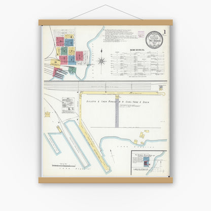 Old map wall art mockup — magnetic wood frame on white wall — Sanborn Fire Insurance Map from Two Harbors, Lake County, Minnesota (1907) - Complete Map Set