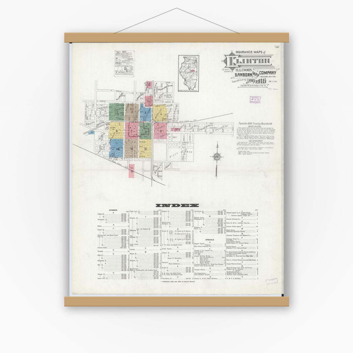 Old map wall art mockup — magnetic wood frame on white wall — Sanborn Fire Insurance Map from Clinton, De Witt County, Illinois (1916) - Complete Map Set