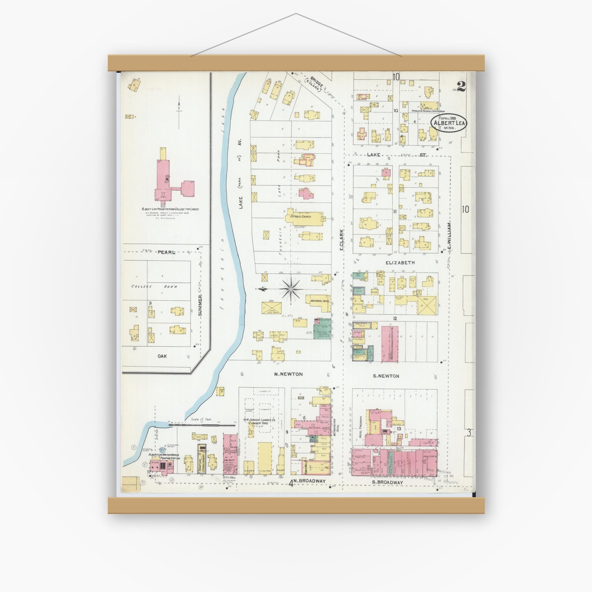 Old map wall art mockup — magnetic wood frame on white wall — Sanborn Fire Insurance Map from Albert Lea, Freeborn County, Minnesota (1905), Sheet #0002
