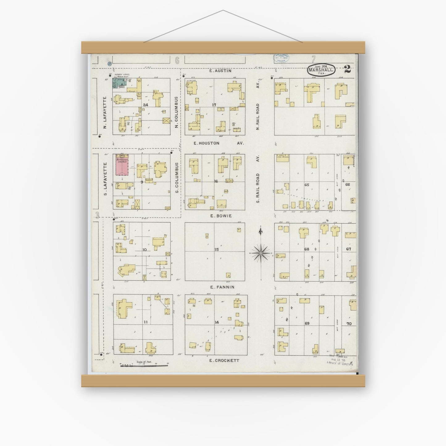 Old map wall art mockup — magnetic wood frame on white wall — Sanborn Fire Insurance Map from Marshall, Harrison County, Texas (1894), Sheet #0002