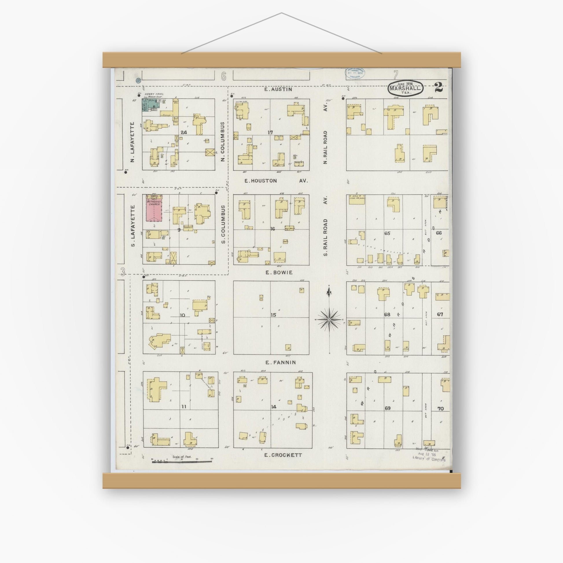 Old map wall art mockup — magnetic wood frame on white wall — Sanborn Fire Insurance Map from Marshall, Harrison County, Texas (1894), Sheet #0002