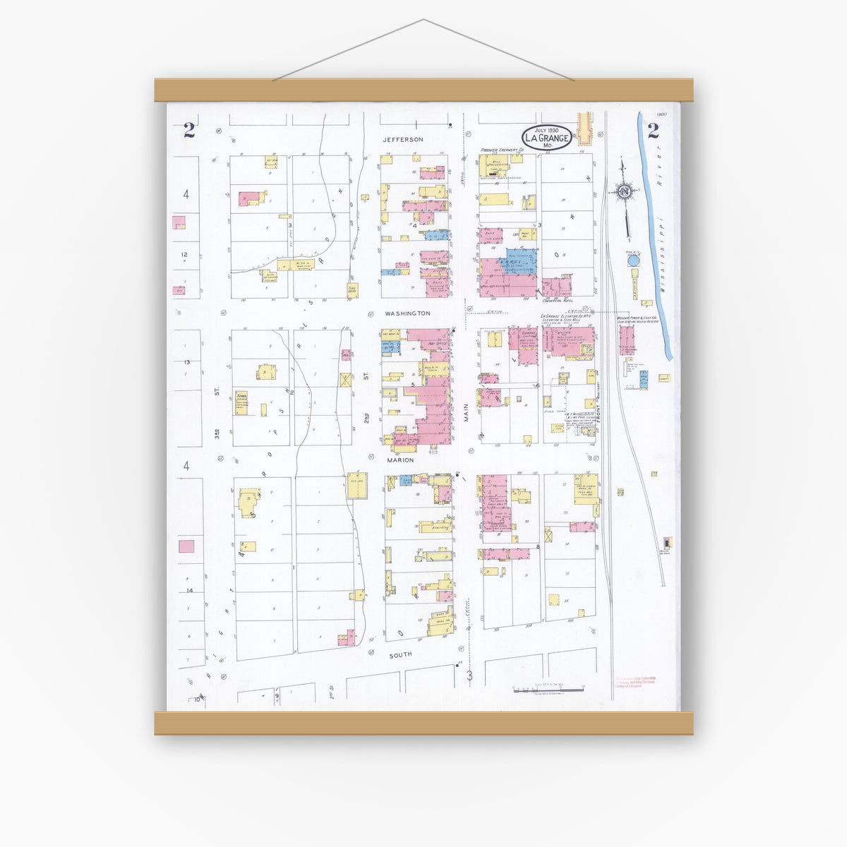 Old map wall art mockup — magnetic wood frame on white wall — Sanborn Fire Insurance Map from La Grange, Lewis County, Missouri (1930), Sheet #0002