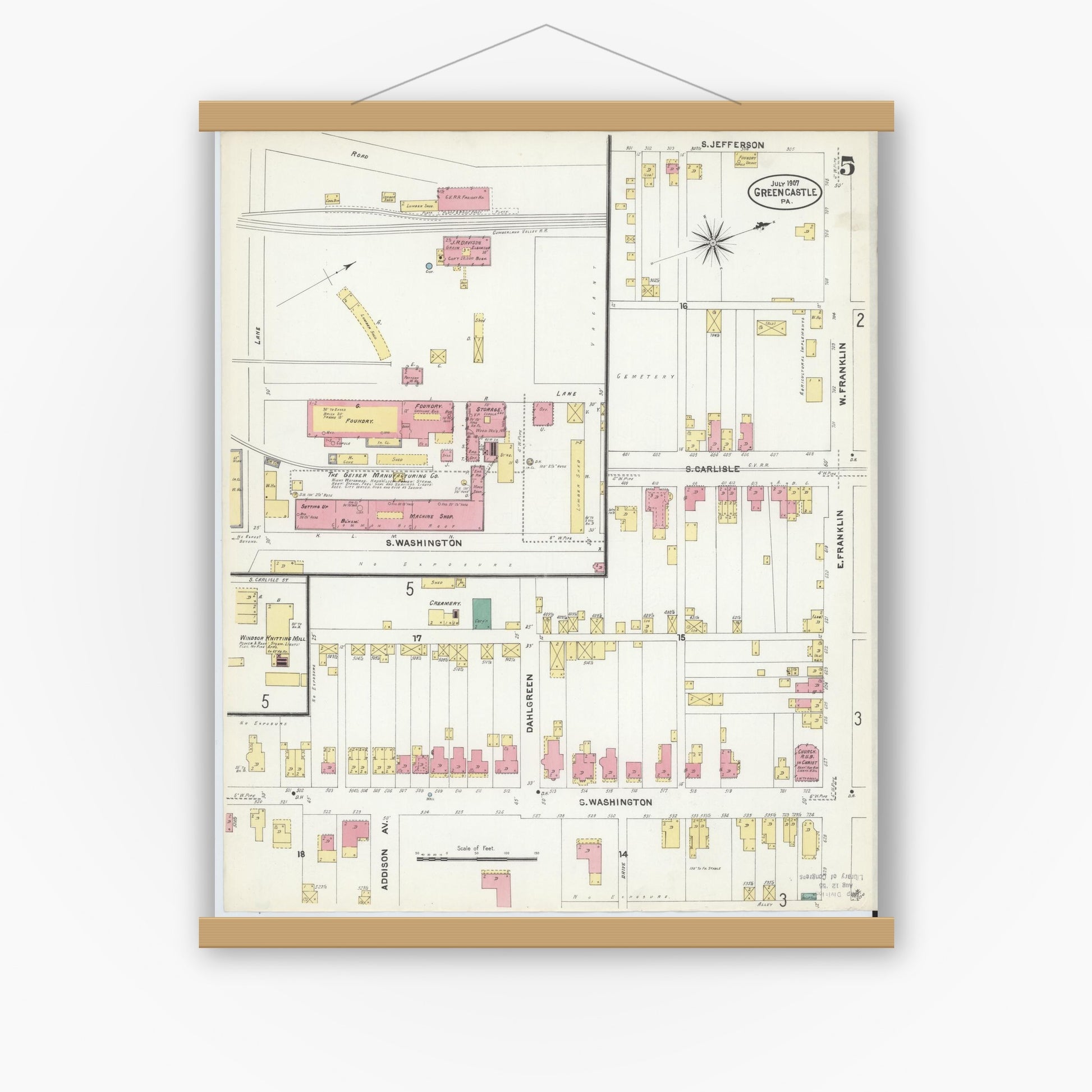 Old map wall art mockup — magnetic wood frame on white wall — Sanborn Fire Insurance Map from Greencastle, Franklin County, Pennsylvania (1907), Sheet #0005