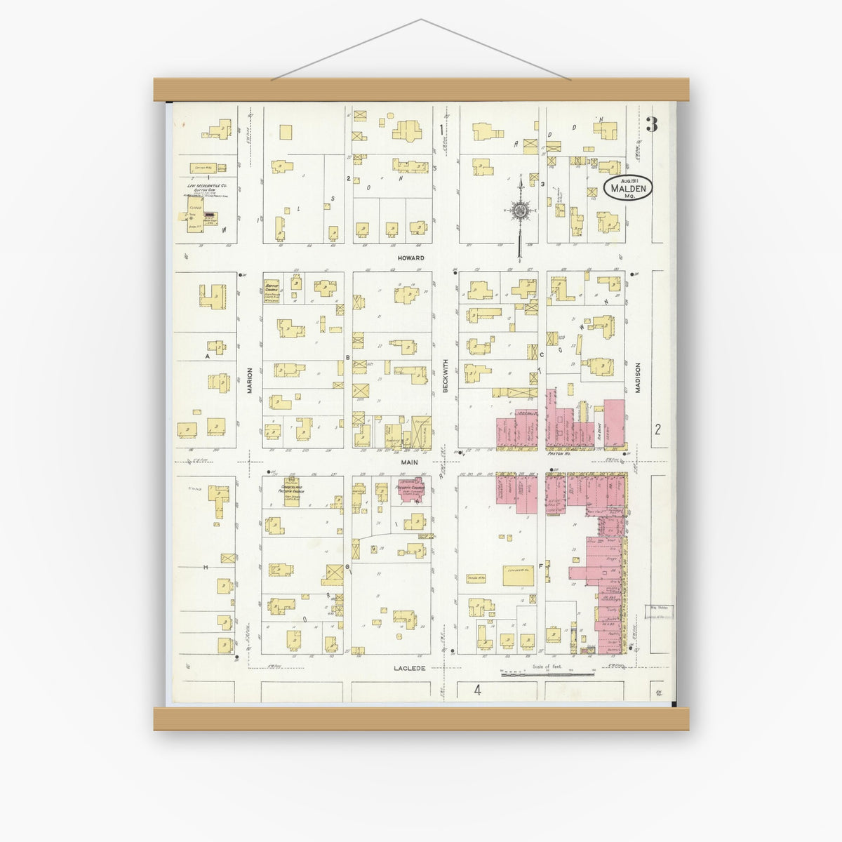 Old map wall art mockup — magnetic wood frame on white wall — Sanborn Fire Insurance Map from Malden, Dunklin County, Missouri (1911), Sheet #0003