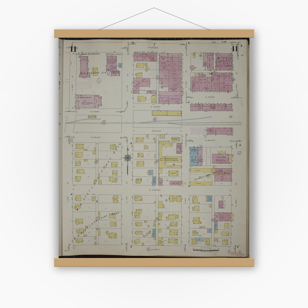 Old map wall art mockup — magnetic wood frame on white wall — Sanborn Fire Insurance Map from Herrin, Williamson County, Illinois (1947), Sheet #0011