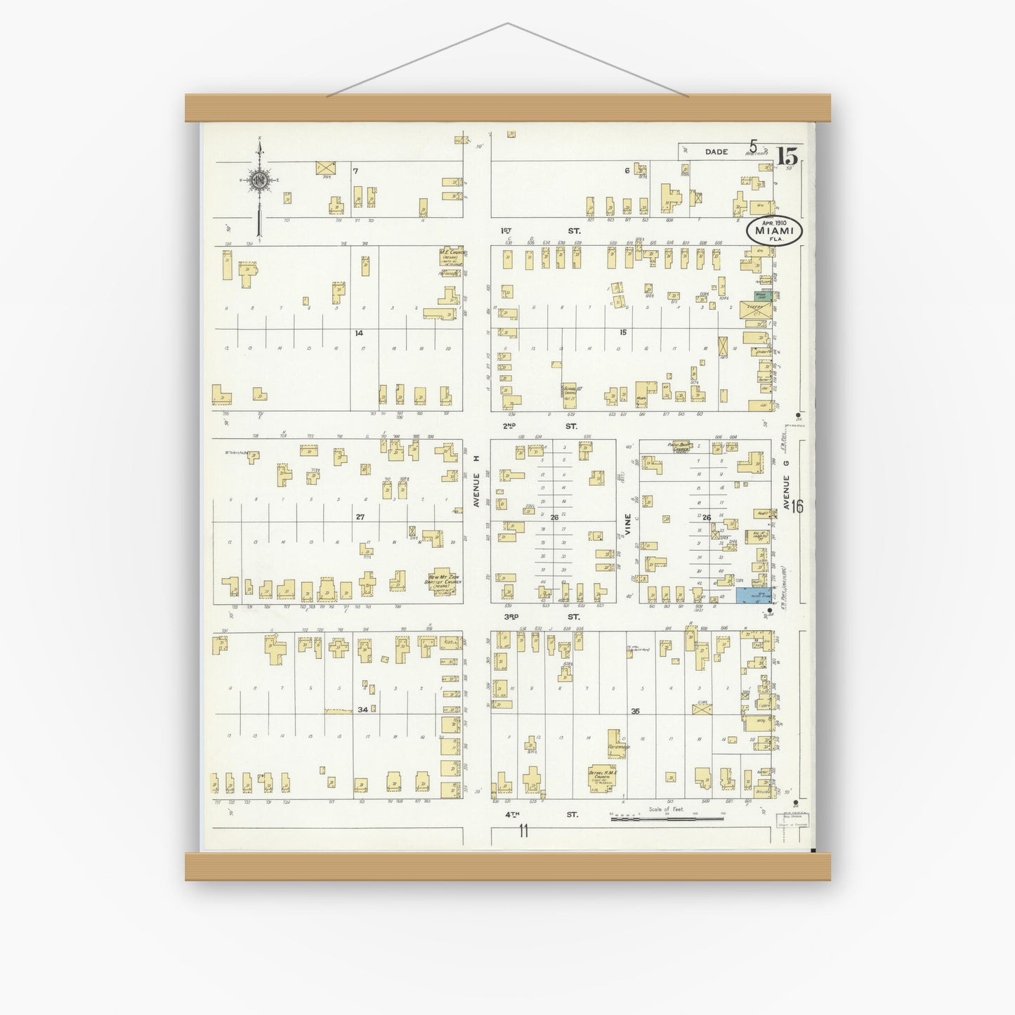 Old map wall art mockup — magnetic wood frame on white wall — Sanborn Fire Insurance Map from Miami, Dade County, Florida (1910), Sheet #0015
