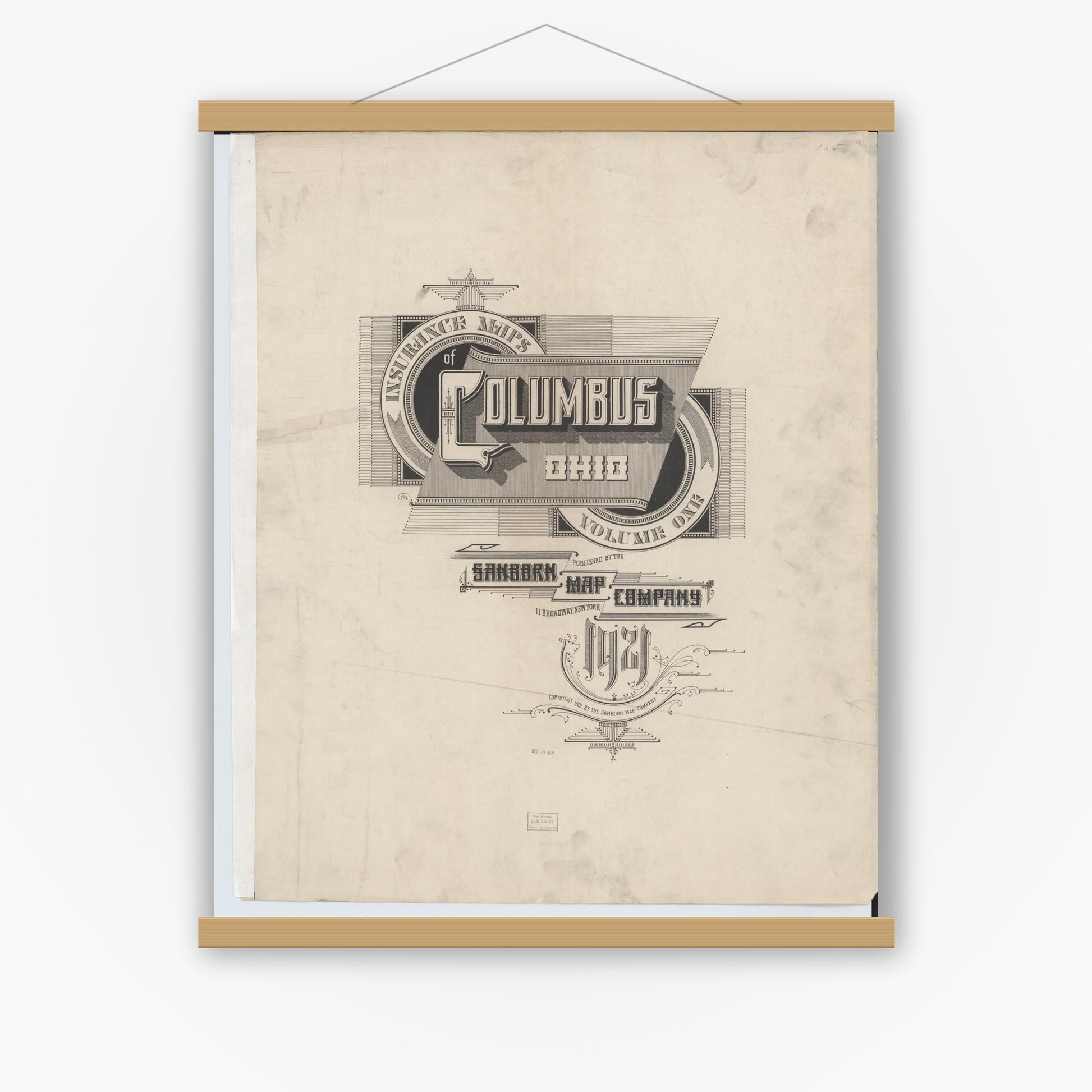 Old map wall art mockup — magnetic wood frame on white wall — Sanborn Fire Insurance Map from Columbus, Franklin County, Ohio (1921), Sheet #0001