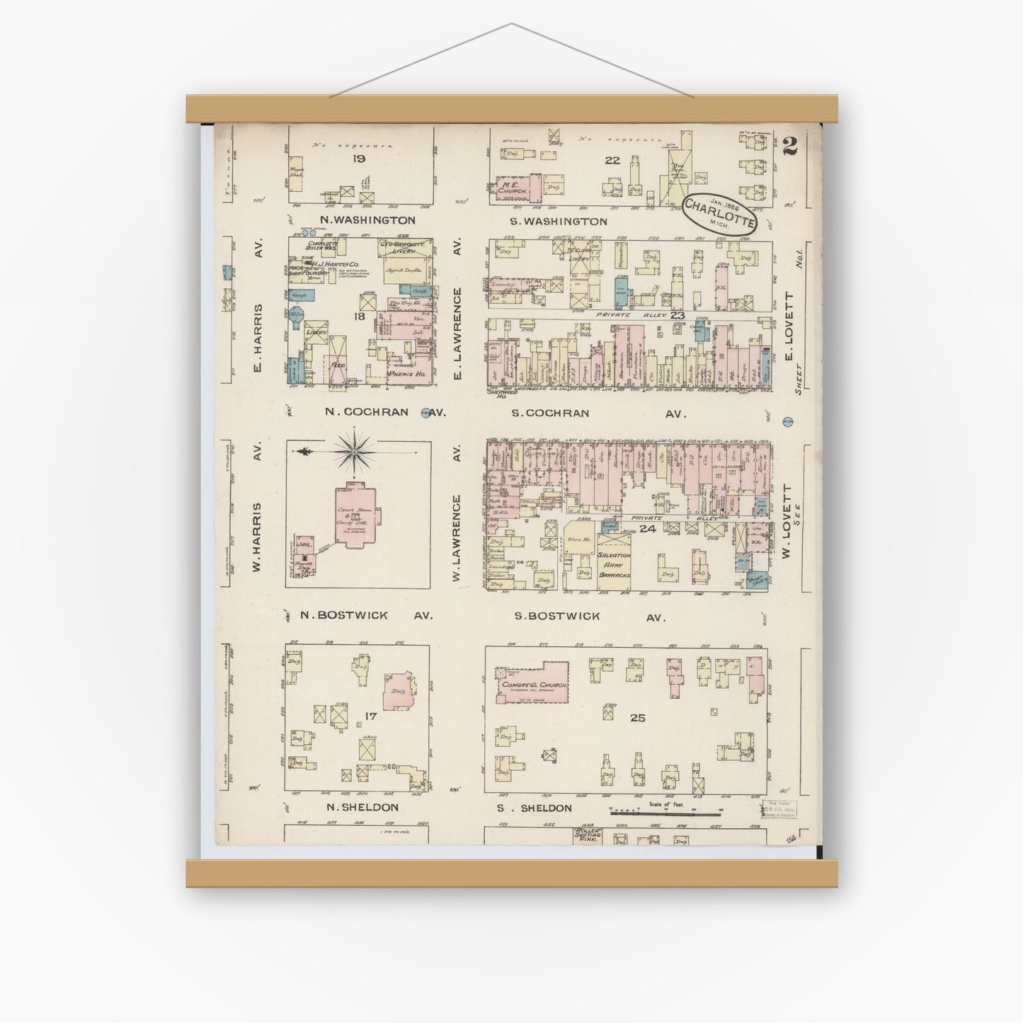 Old map wall art mockup — magnetic wood frame on white wall — Sanborn Fire Insurance Map from Charlotte, Eaton County, Michigan (1886), Sheet #0002